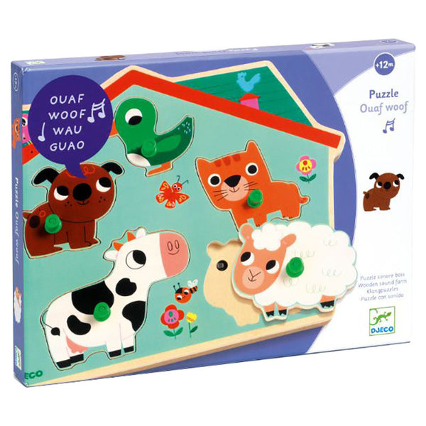 Puzzle de encastre en madera con sonido. Animales de granja